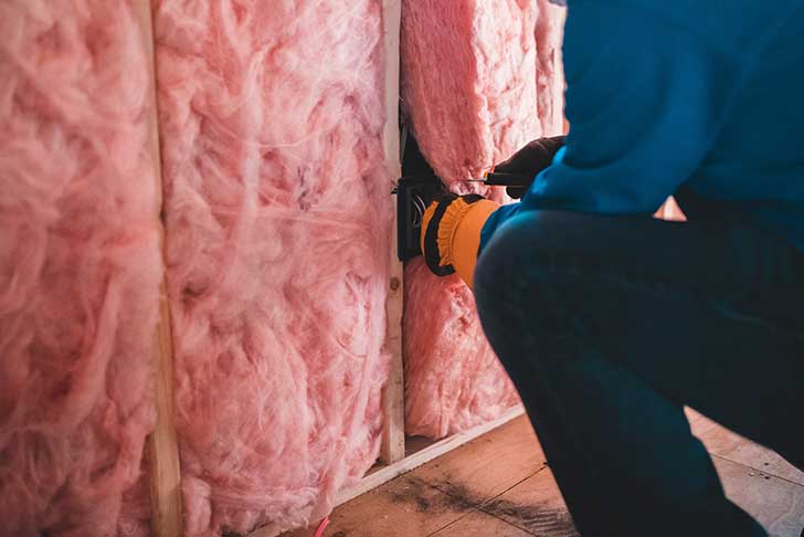Pink furry home insulation being fitted