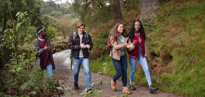 Two young women and two young men on a walk on a rural path