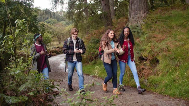 Two young women and two young men on a walk on a rural path