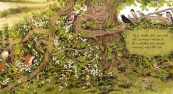 An illustration of a hedgerow and oak tree