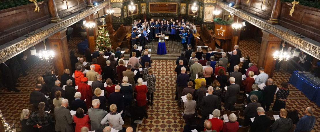 VIew from above choir and congregation with Christmas tree