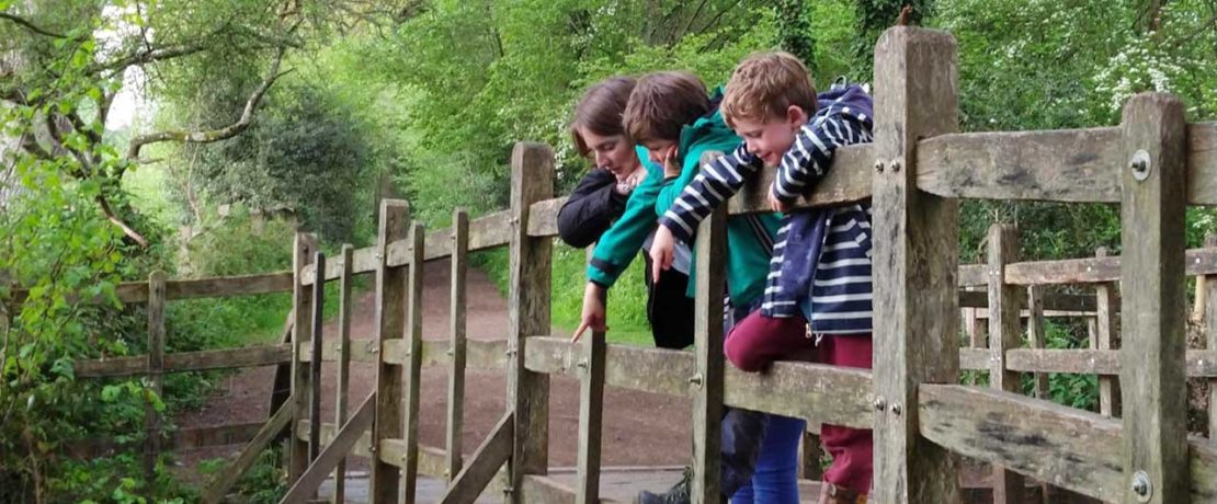 A woman and two young boys look over a bridge and point down at the water