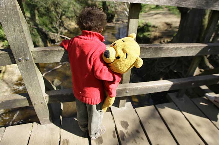 A small child stands on a bridge holding a Winnie the Pooh toy