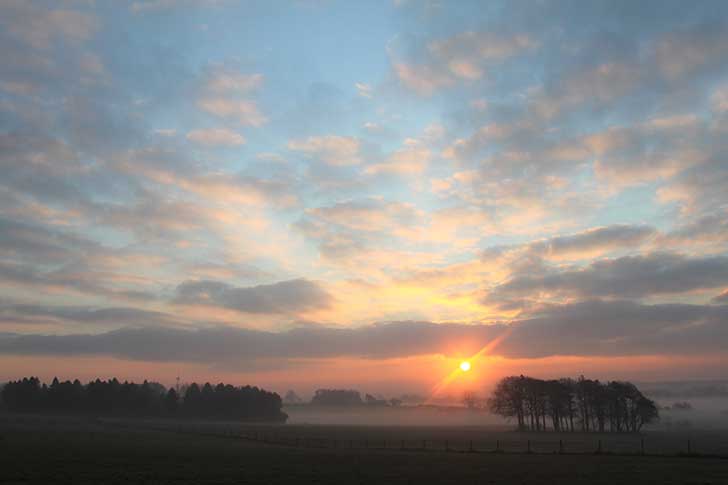 A flat landscape with a beautiful colourful sunrise through mist