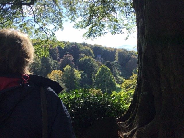 View across landscaped valley to temple.