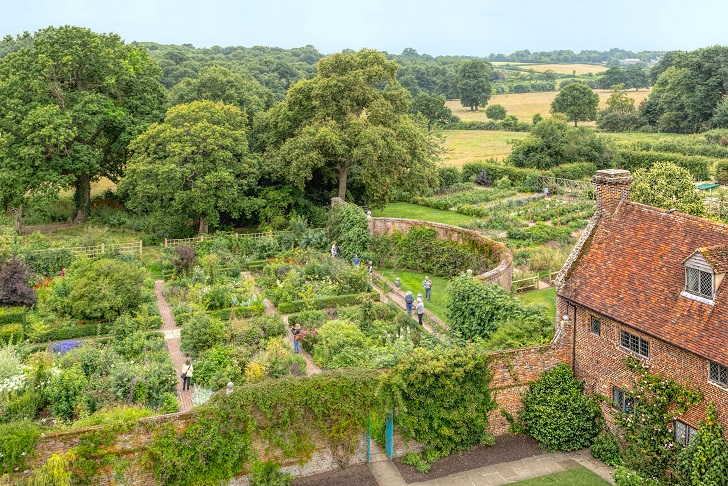 View out over garden rooms to countryside beyond.