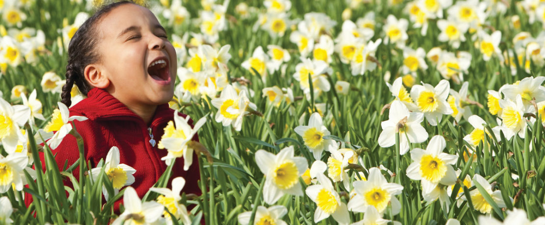 Girl giving shout of pleasure as she crouches in field of daffodils