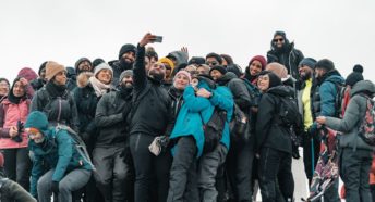 Group of hikers taking a selfie.