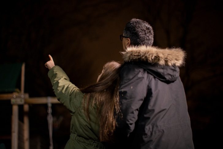 Back of father and daughter at night pointing to the sky.