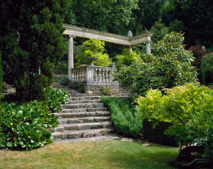 Evergreen plants out side the Great Terrace at Ilford Manor Garden 