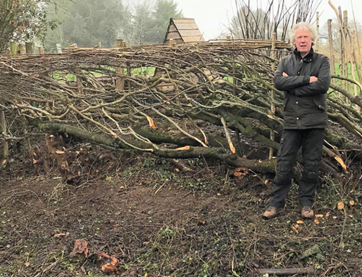 A man stood next to a pleached hedgerow