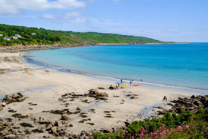 A view of Coverack Beach, Cornwall, on a clear day