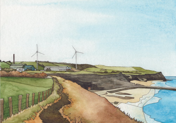 An illustration of wind turbines in the distance with coastline in the foreground