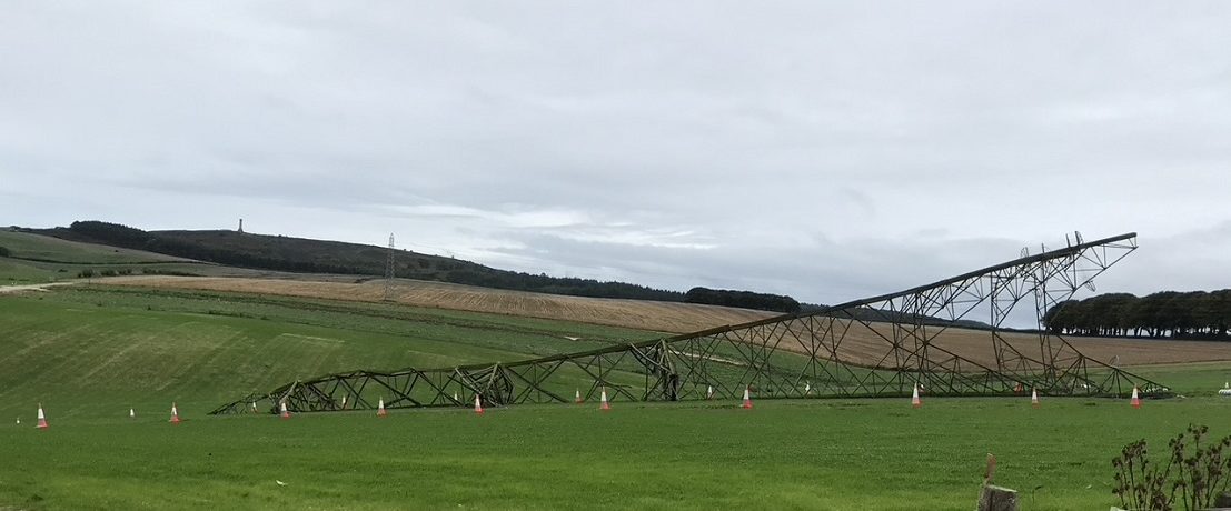 Pylon lying on its side in field