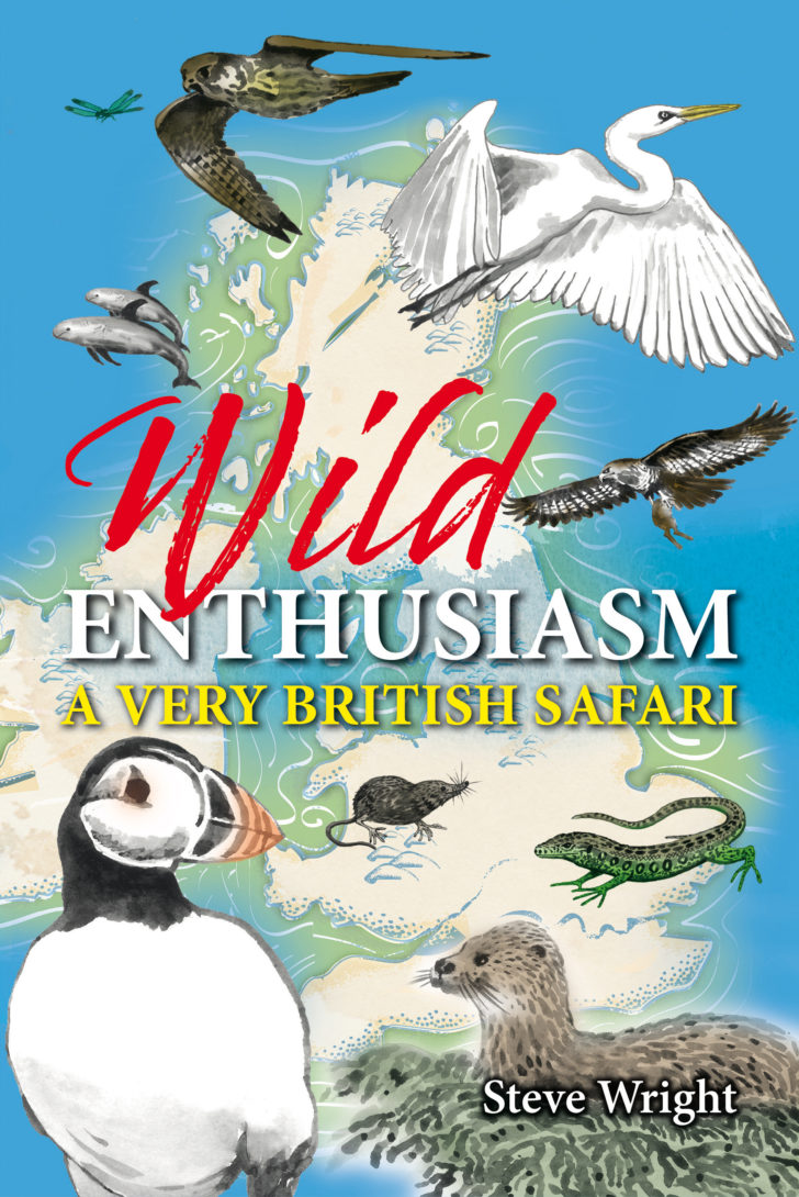 Couverture de Wild Enthusiasm de Steve Wright avec des illustrations de macareux, d'aigrettes, de loutres et plus encore.