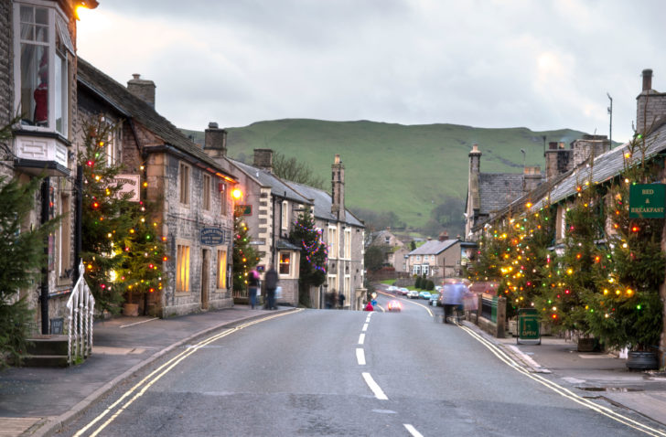 Christmas lights lit in a street in Castleton, Derbyshire