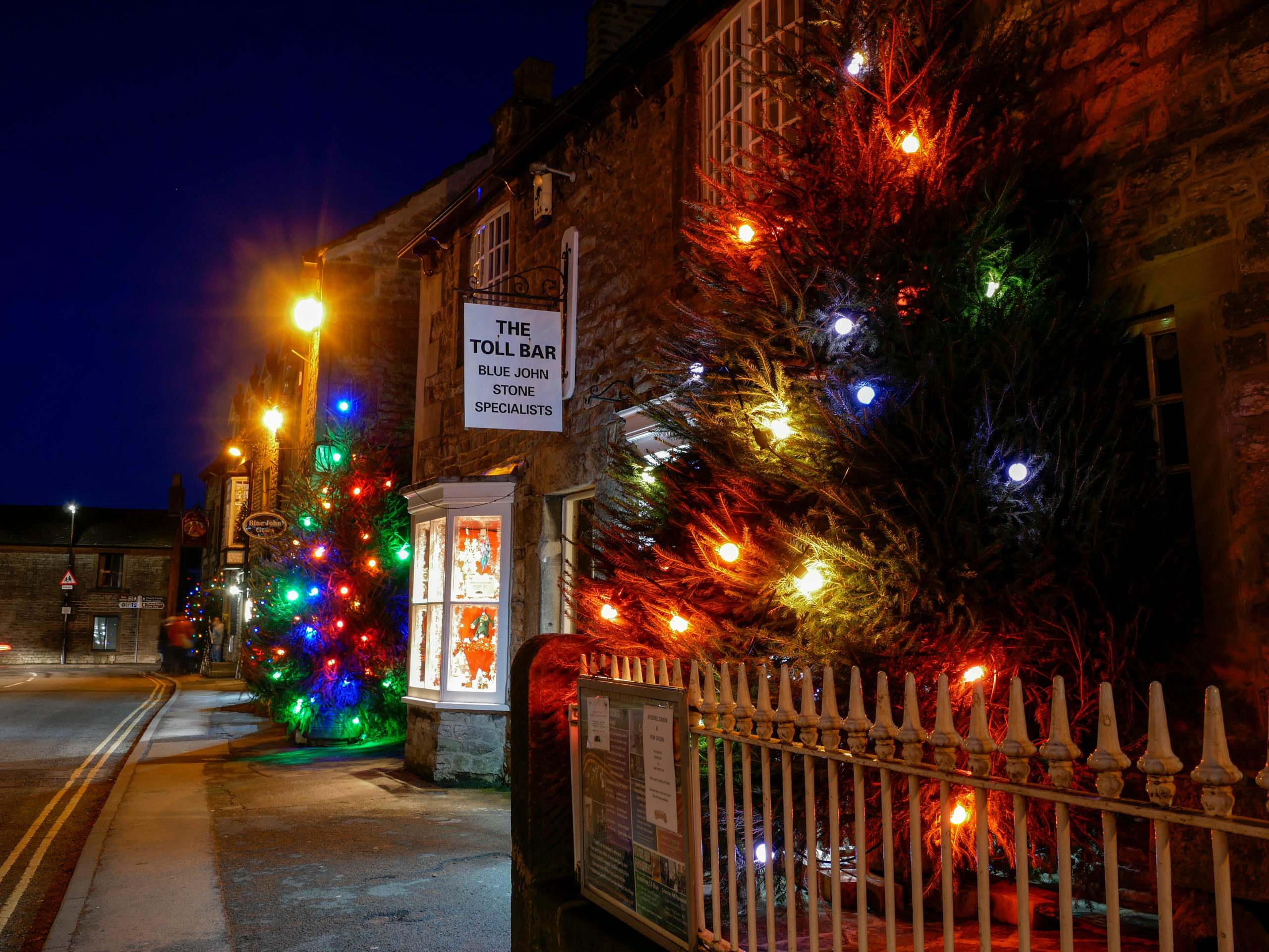 Christmas lights and trees in Castleton village.