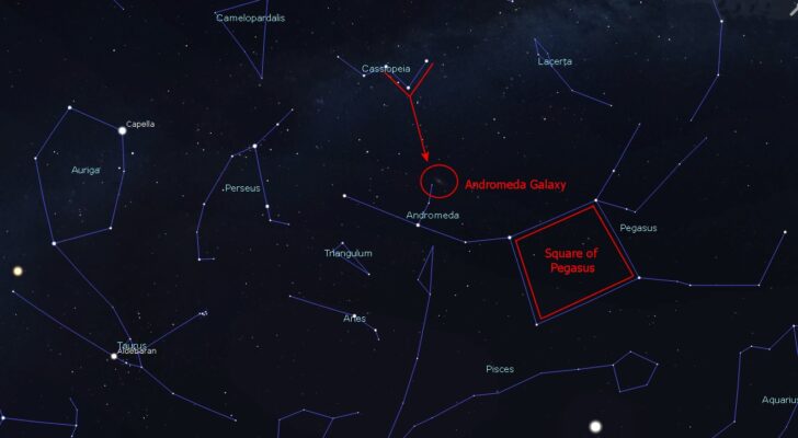 A diagram showing how to use Cassiopeia to find the Andromeda Galaxy