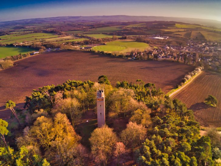 Faringdon Folly Tower in Oxfordshire surrounded by farmland