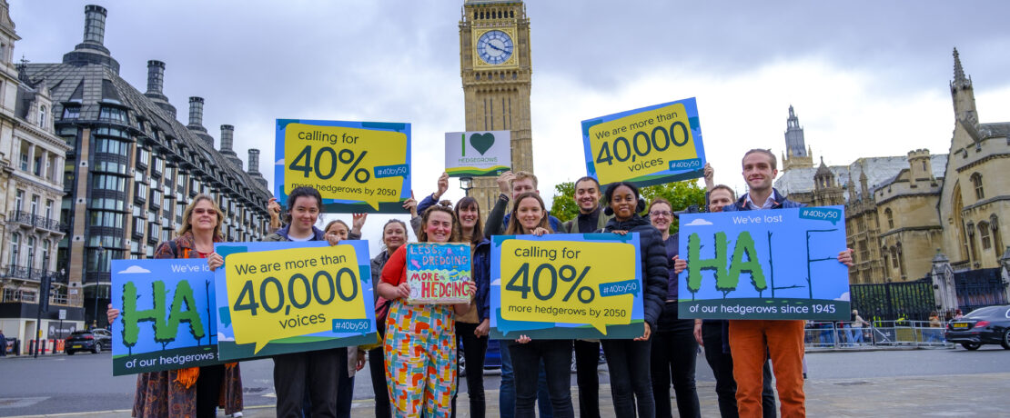 People holding hedgerow petition signs outside parliament