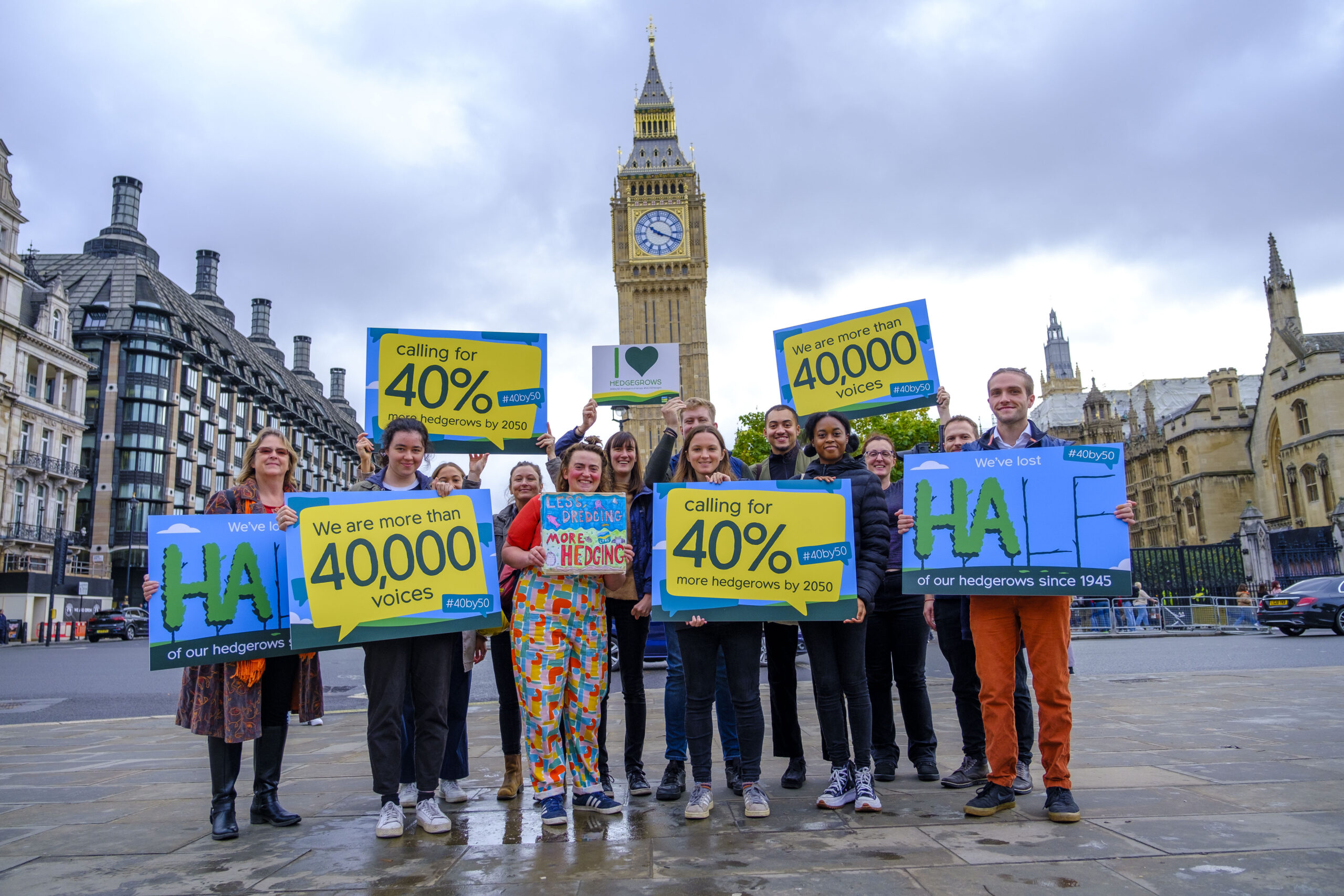 People holding hedgerow petition signs outside parliament