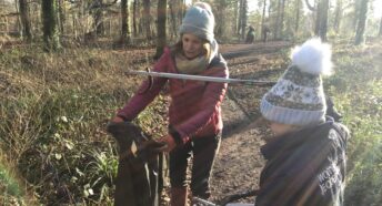 A child with an adult picking up litter in the woods on a sunny day