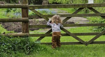 Young boy stood at wide farmers gate