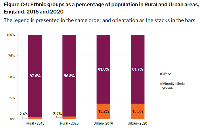 A graph showing ethnicity population statistics in urban and rural areas, showing that 96.8% of rural areas are comprised of people of white ethnicity 