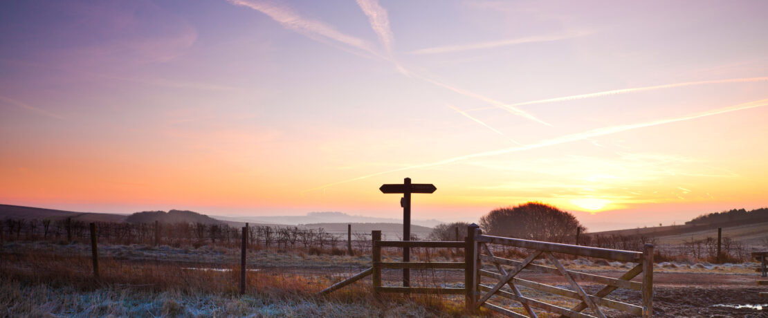 A frosty winter sunrise over the Ridgeway long distance path in Wiltshire