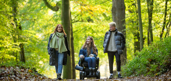 Three young people reaching top of woodland path