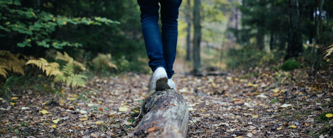 Walking on a log in the woods