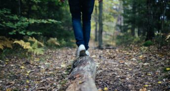 Walking on a log in the woods