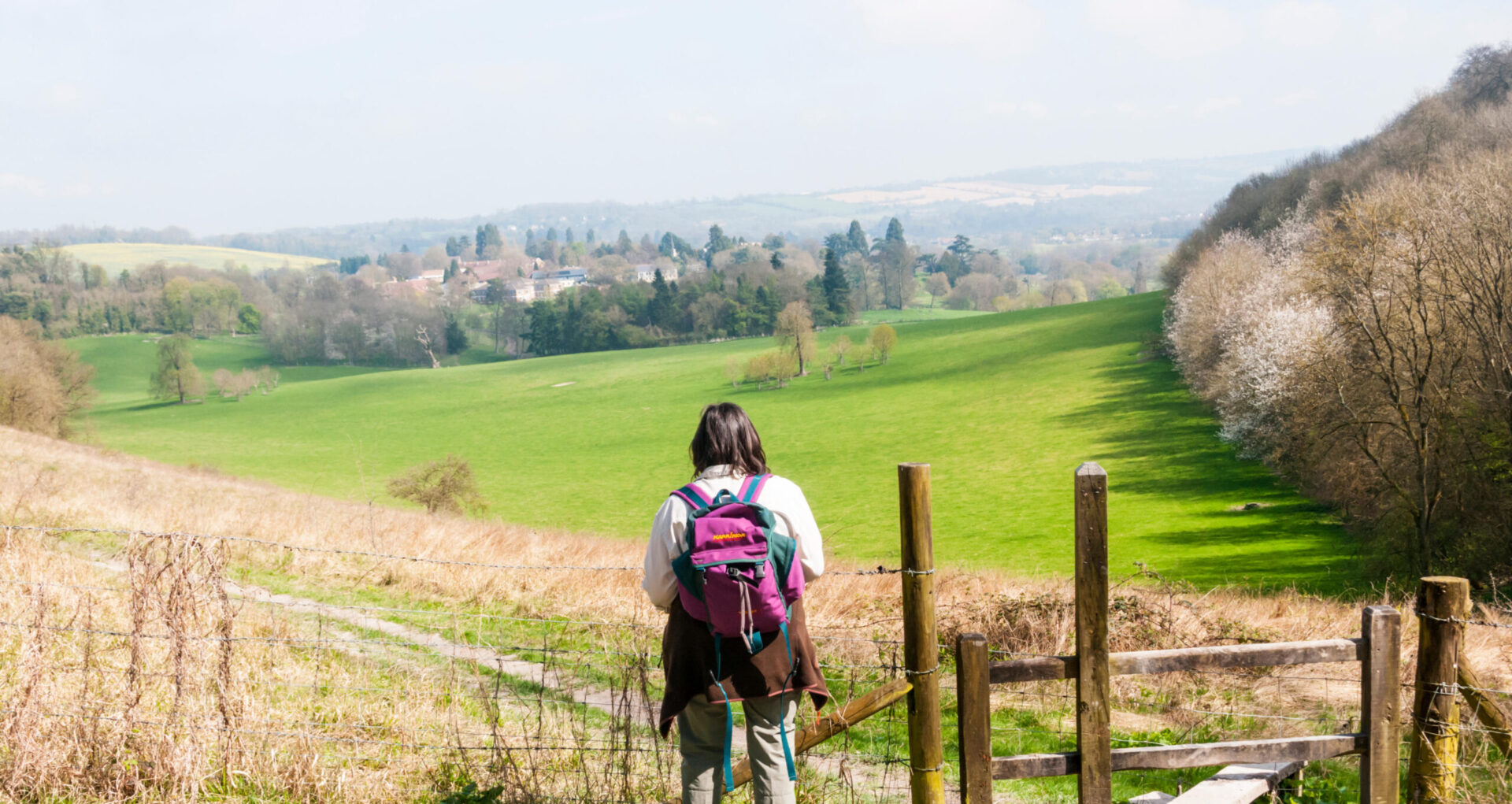 A walker on the North Downs Way looking across the parkland of Gatton Park designed by Lancelot 'Capability' Brown - green belt south of London.