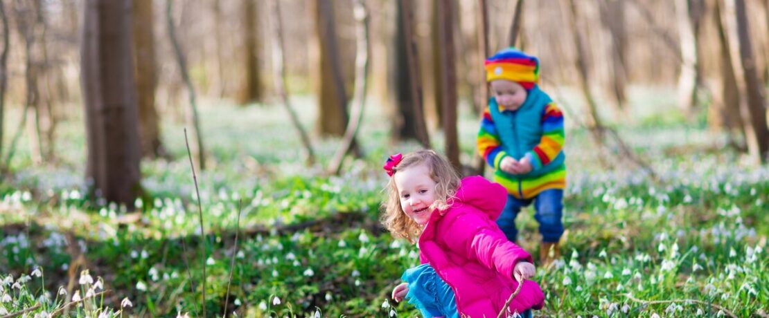 Kids playing in a winter forest with snowdrops