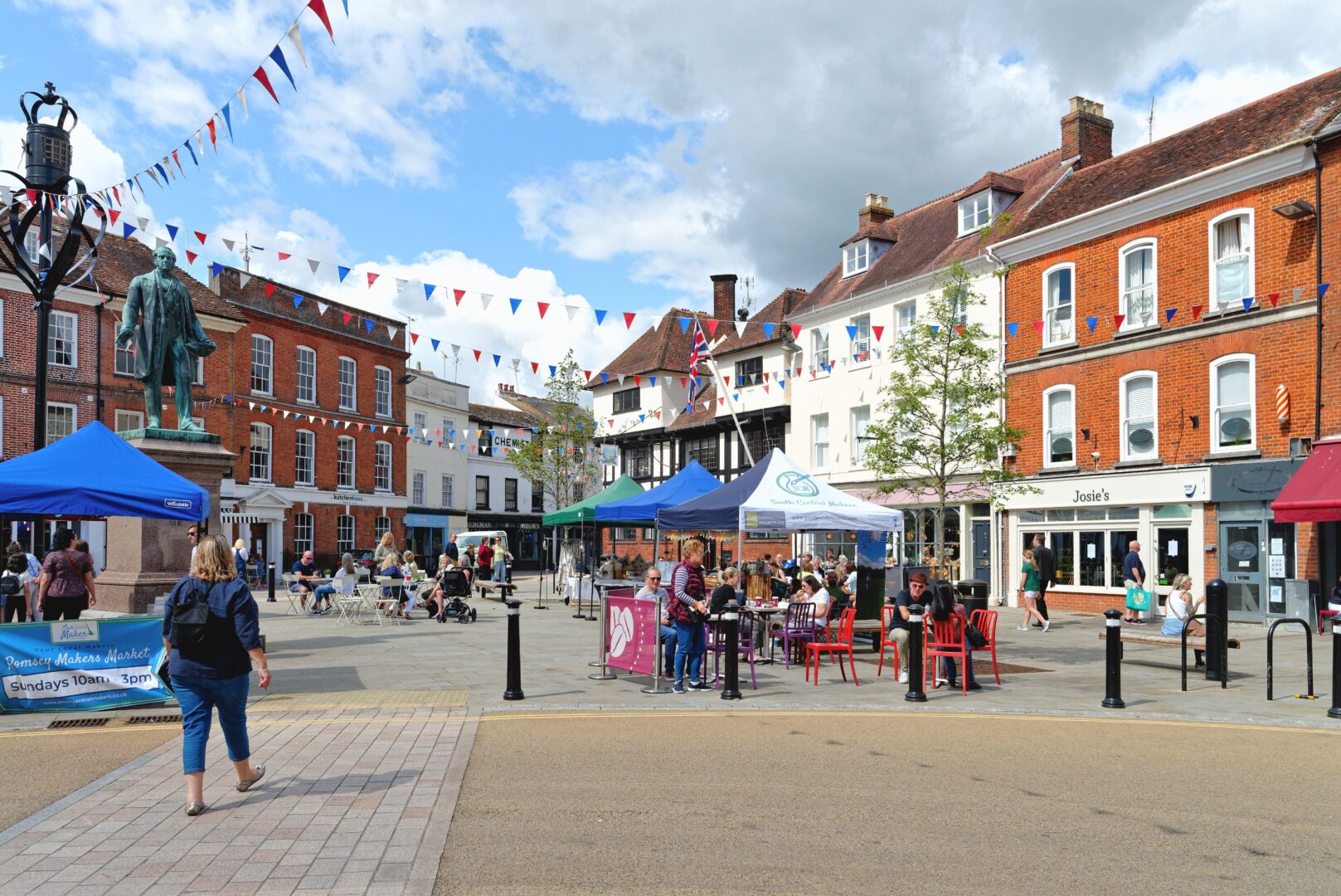 The bustling Market Square in Romsey, Hampshire