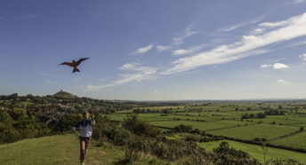 Boy flying kite in the countryside