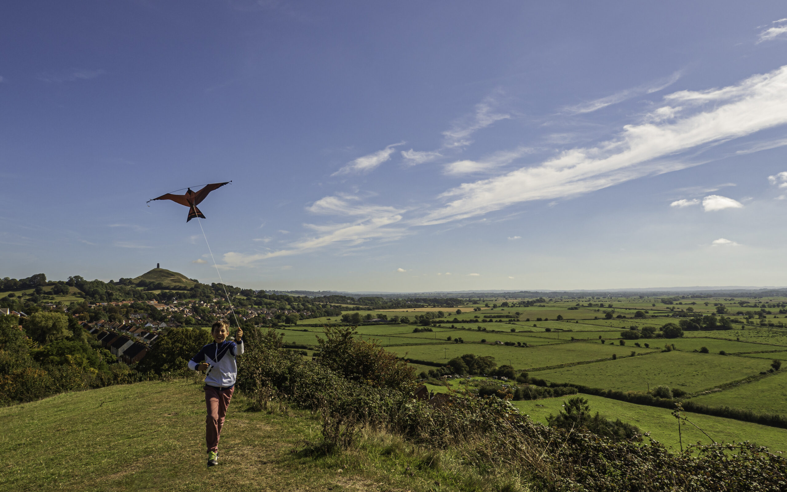 Boy flying kite in the countryside