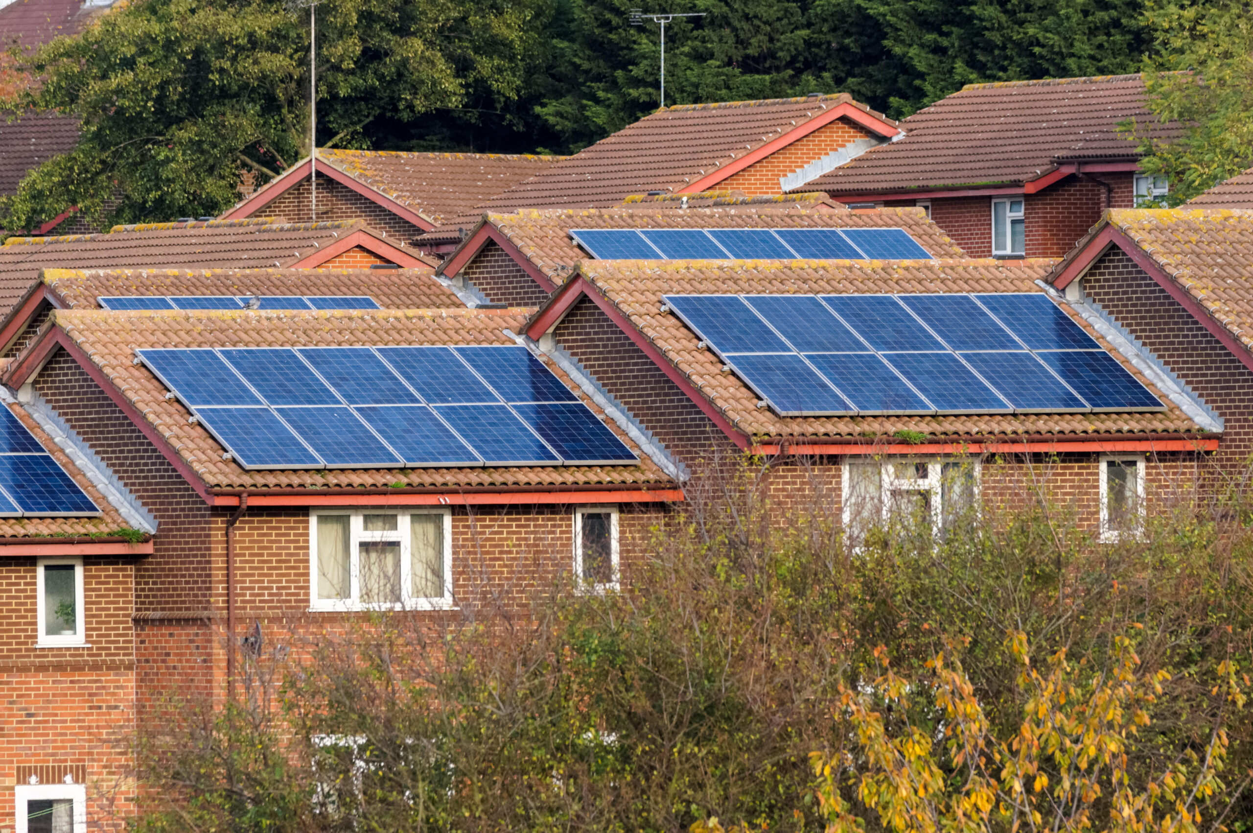Houses with solar panels in London, England