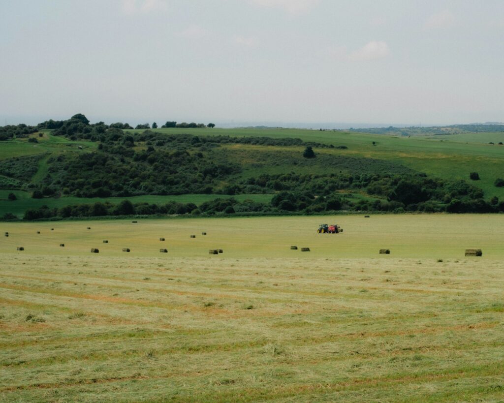 Tractor mowing in a large field