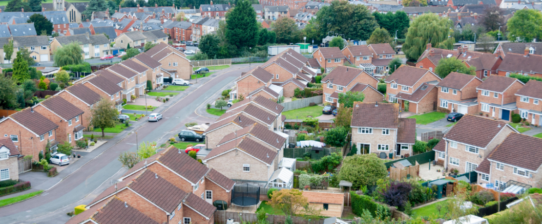 An elevated view of houses