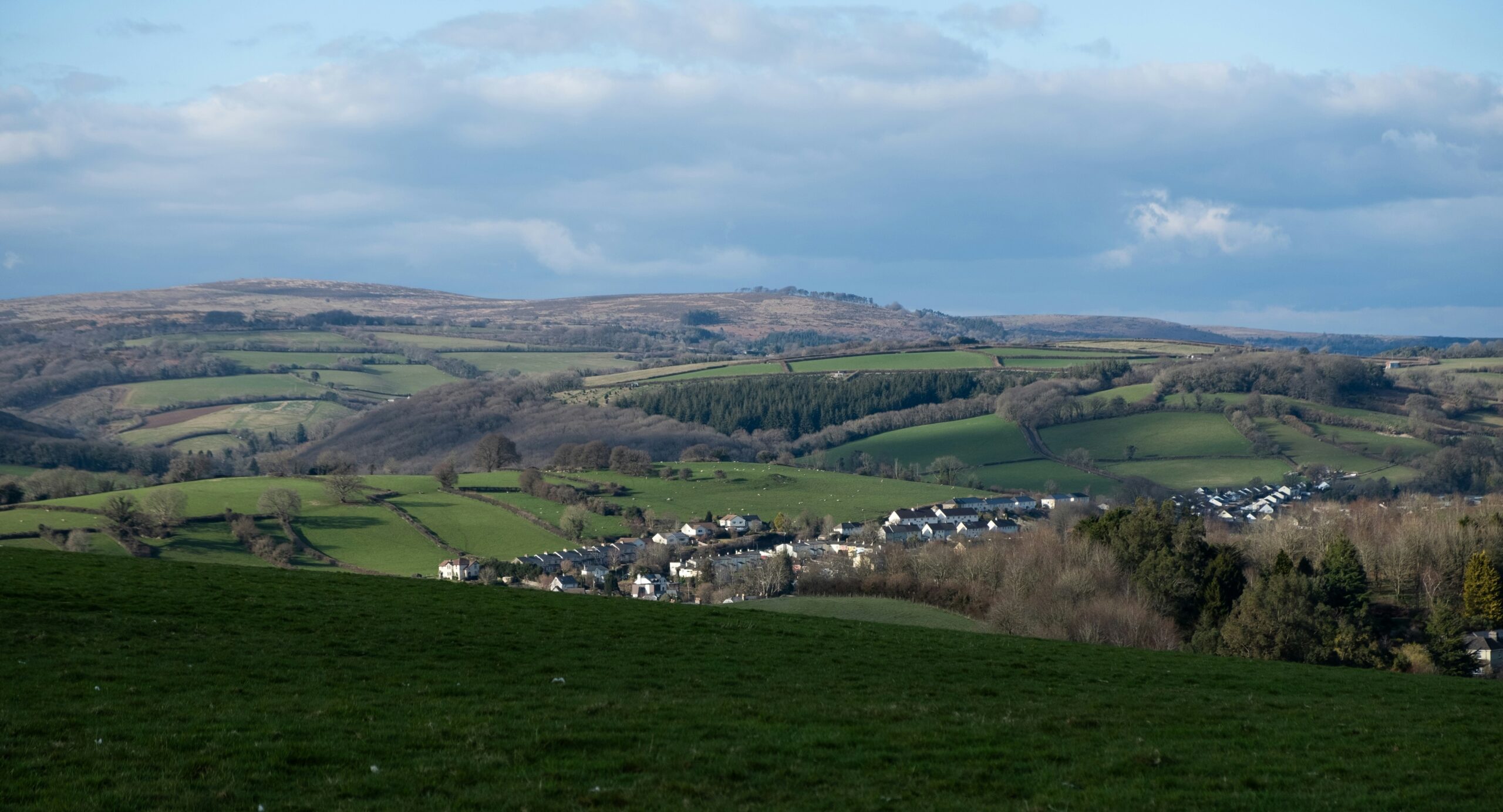 green fields and a small town under cloudy skies