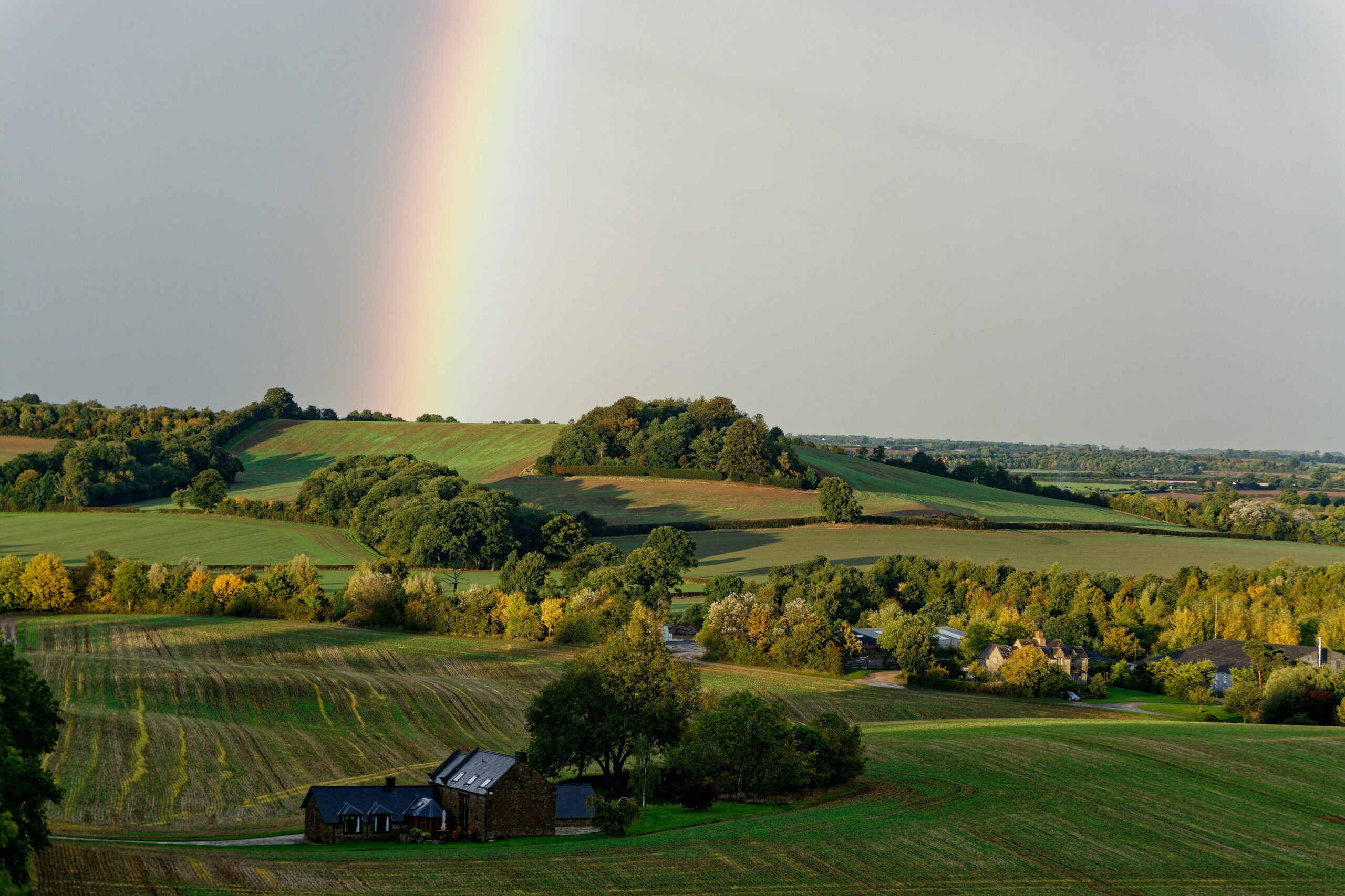 a rainbow in the sky over a green field