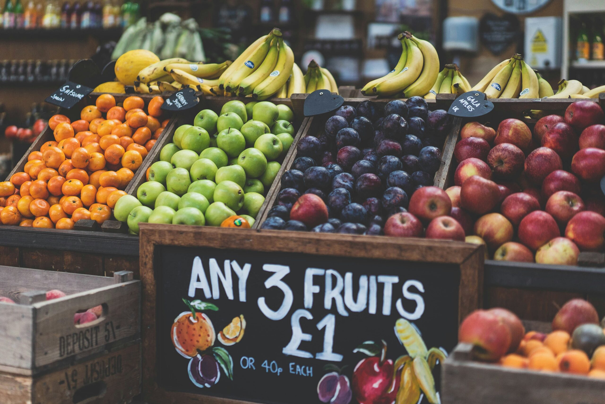 bunches of fruits for sale on a stall