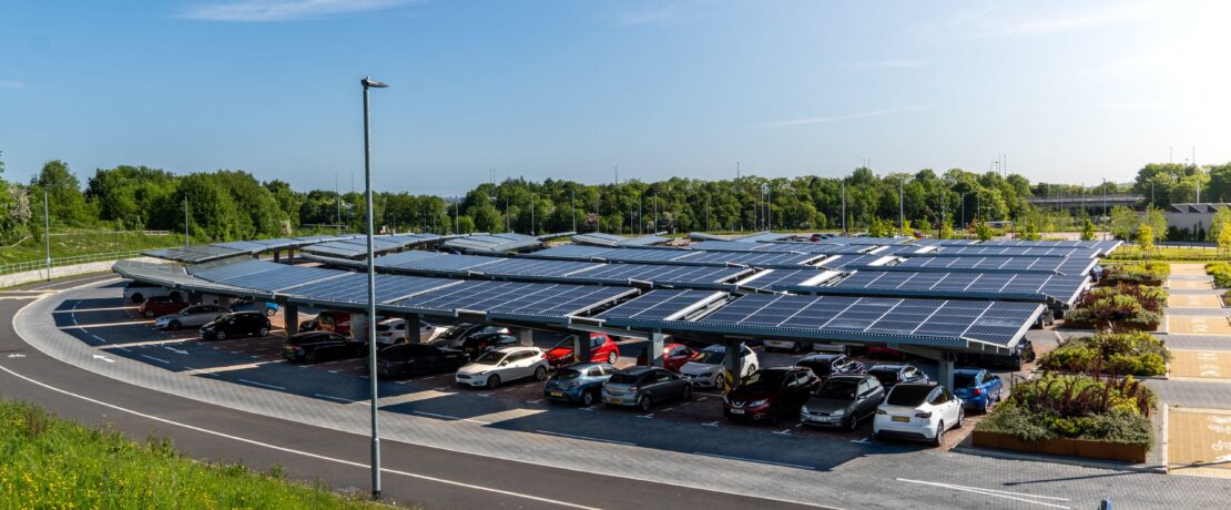 A self sufficient parking lot with park and ride facilities and solar panels for electric car charging in an innovative tec