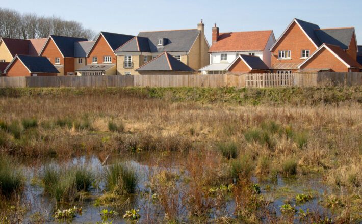 WAterlogged ground on a floodplain near new houses on a housing development in Suffolk, England