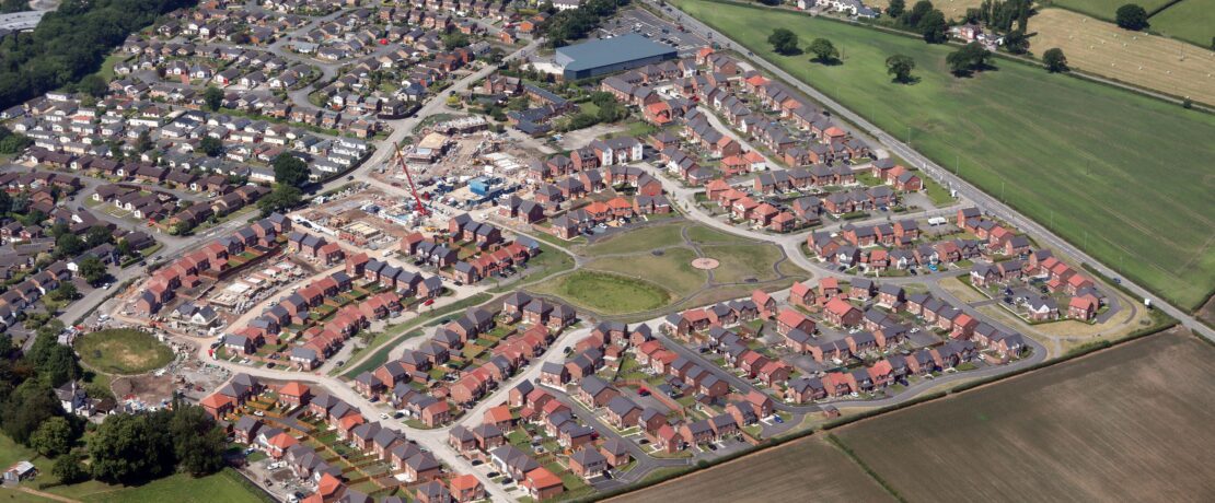 aerial view of a new housing estate built by Maes y Rhedyn, Anwyl Homes, thought to have been built on previous green belt land in the north of UK