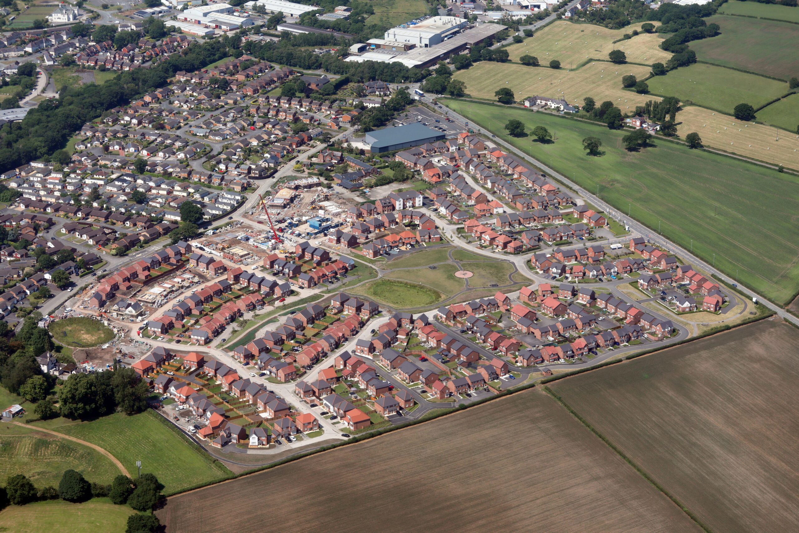 aerial view of a new housing estate built by Maes y Rhedyn, Anwyl Homes, thought to have been built on previous green belt land in the north of UK