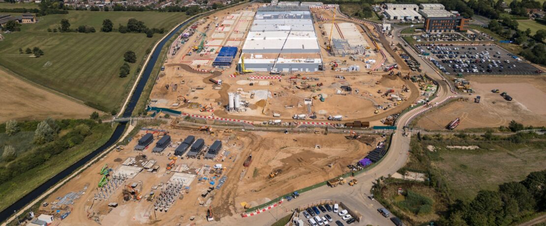 Aerial view of Google's new Waltham Cross Data Centre under construction (Aug 24), Waltham Cross, UK.