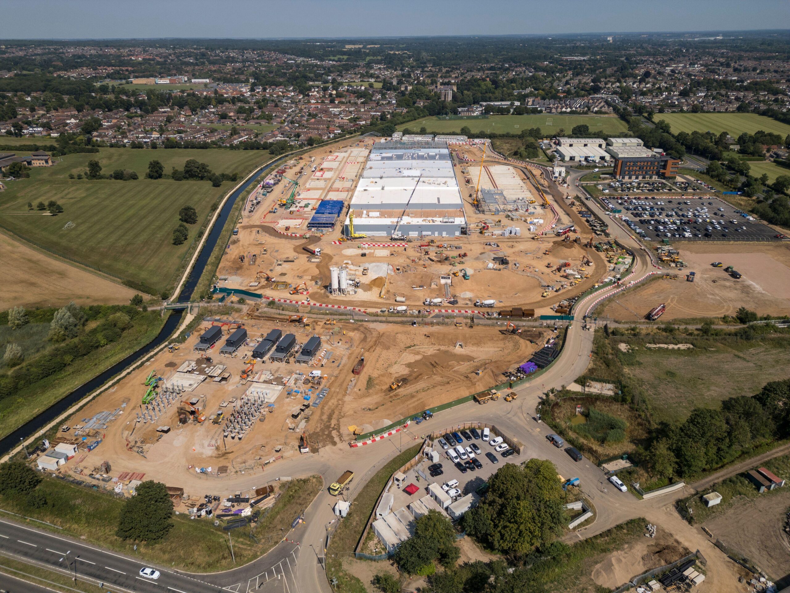 Aerial view of Google's new Waltham Cross Data Centre under construction (Aug 24), Waltham Cross, UK.