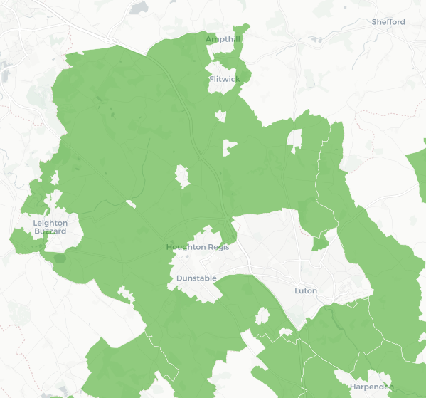 Map showing the areas of Green Belt land in Bedfordshire.